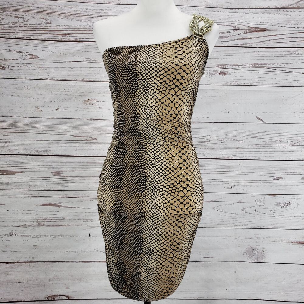 Cache Women's One Shoulder Snakeskin Print Ruched Bodycon Dress Size Small
